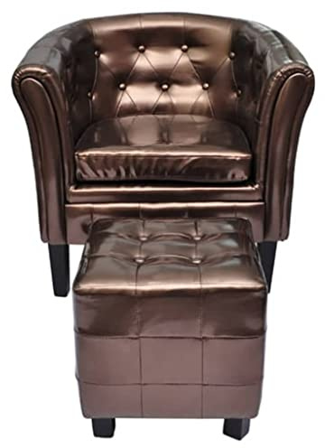 mtlskopl Chesterfield Armchair Set of 2, Brown Faux Leather with Footstool, 24.4x27.4x28 in, Matte, Wood Legs, 242.5 lb, No Assembly, Lounge Seat