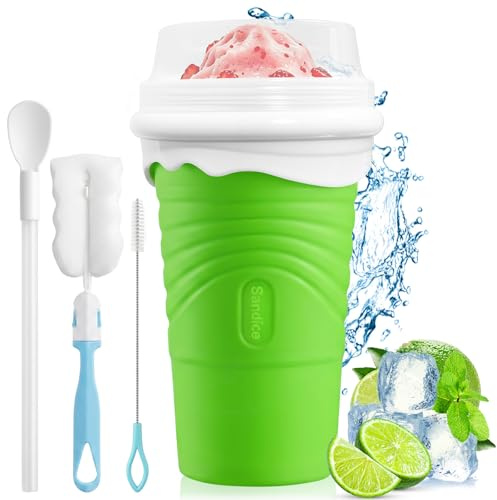 500 ml Taza para Hacer Granizadosen Silicona, Slushy Maker Reutilizable con Cuchara-Pajita 2 en 1 y Cepillo de Limpieza, para Smoothies, Batidos y Bebidas Frías Caseras, para Niños y Familia (Verde)
