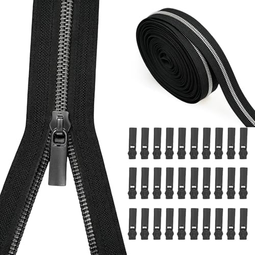10 M Reißverschluss, Näh Endlosreißverschluss mit Zipper, mit 30 Stück Reißverschlüsse Zubehör für Taschendekoration (Schwarz)
