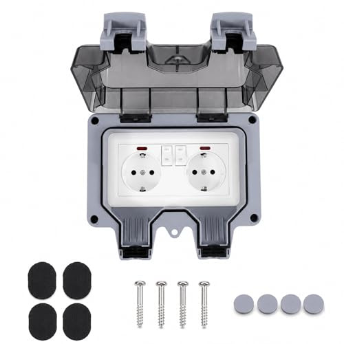 Vexnaro Aussensteckdose Wasserdicht IP66 2 Fach, Outdoor Steckdose mit Schalter und Kontrollleuchte, Aufputz Wandsteckdose Wetterfest Staubdicht mit Klappdeckel für Garten, Garage (Grau)