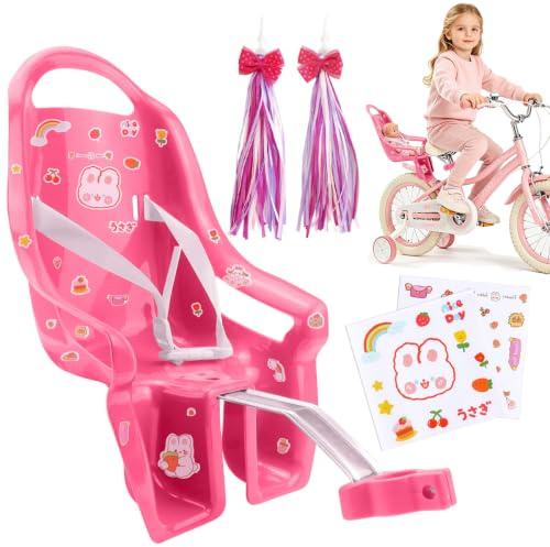 Puppenfahrradsitz für Kinderfahrrad, Universeller Kinderfahrrad Puppensitz mit Aufkleber und Fahrradlenkerquasten, Babypuppen-Fahrradträger, Fahrrad Puppen Sitz, Kinderfahrrad Zubehör für Puppen