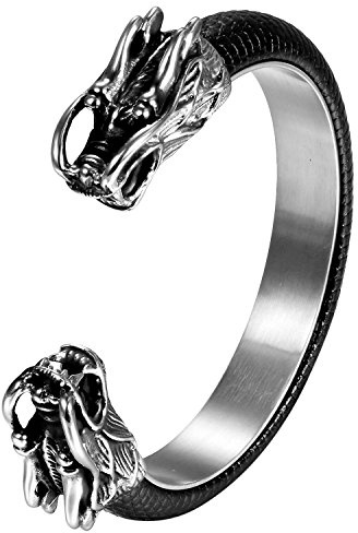 Flongo Edelstahl Leder Echtleder Armband Armreifen Manschette Silber Schwarz Doppel Doppelseitig Drachen Geflochten Motorradfahrer Biker Herren