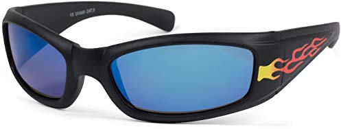 styleBREAKER Gafas de sol deportivas infantiles con estampado de llamas, montura de plástico y lentes de policarbonato, contorno completo 09020089, color:Marco negro/cristal azul