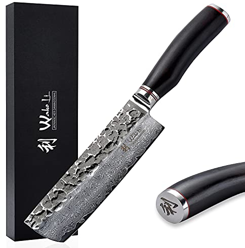 Wakoli EBO Damast Nakirimesser | 16,5 cm Klinge aus 67 Lagen Damaststahl mit VG10-Kern | ergonomischer schwarzer Eichenholzgriff | für Gemüse, Obst & Kräuter | in Geschenkbox für Profi- & Hobbyköche