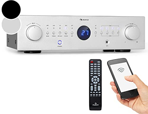 Auna Bluetooth Amplifier Hifi, Amp Stereo System AV Receiver, Stereo Amplifier Hifi Bass & Treble Control, 4 Channel Audio Power Subwoofer Hi-Fi Amplifier and Speaker w/Remote Control & AUX Input