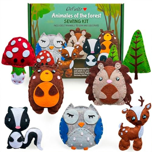 DeFieltro Título Animali del Bosco – Kit Cucito Bambina e Bambino (7 Figure) – Set Cucito Bambini Educativo – Giochi di Cucito per Bambini Fai da Te