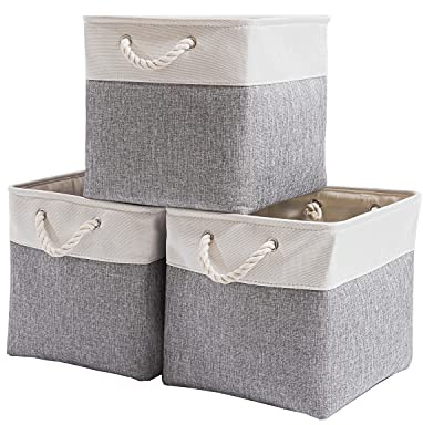 Mangata Aufbewahrungsbox, 33x38x33cm Aufbewahrungskorb Stoff, Box in Würfel für Schrank, Regal, und Kleidung(Grau/Weiß, 3er Pack)
