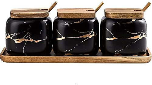 MAGICVOGEL 3er Set Keramik Gewürzdosen mit Deckel Marmoroptik Gewürzhalter Gewürzbehälter Salzdose Zukerdosen Pfeffer Behälter mit Holz Serviertablett Halter (Schwarz)