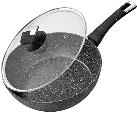 Rainberg 26cm Deep Frying Pan with Lid, Granite Frying Pan Nonstick, Nonstick Frying Pans with Lid, Induction Compatible (Black Deep FryPan, 26cm)