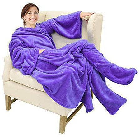 HZXY Tragbare Fleece-Decke mit Ärmeln und Fußtasche für Erwachsene, Damen, Herren, superweich, bequem, warm, Plüsch-Überwurf mit Ärmeln, TV-Decke, für Loungesessel, Couch (lila)