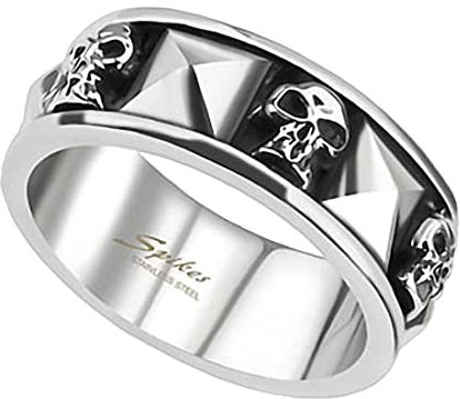 Taffstyle Herren Ring Edelstahl Massiv Breit Herrenring Männer Biker Rocker Schmuck 3D Totenkopf Nieten Silber Größe 73 (23.2)
