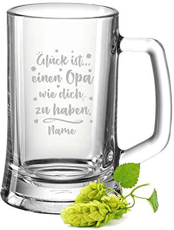 GRAVURZEILE Bierkrug mit Gravur - Glück ist einen Opa wie dich zu haben - Personalisiert mit Namen - Geschenk für Männer - Geschenke für Großvater zum Geburtstag Weihnachten - Größe: 0,5 L