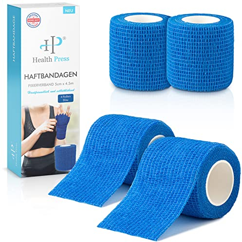Health Press Selbstklebender Verband – 4x Pflaster Rolle (5cm x 4,5m) – Haftbandage Selbstklebend – Elastische Bandage – Wasser-, Staub-, Fett- & Schmutzabweisendes Verbandsmaterial (Blau, 4 Rollen)