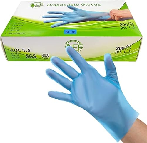 EF PLASTIC Box Of 200 Disposable Gloves Powder Latex Vinyl Free 100 Percent TPE MULTI PURPOSE Glove 100 Percent Recyclable (Medium), Blue (EF202105001)