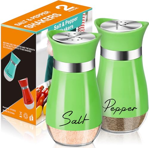 Salt and Pepper Shakers - 4 oz Green Glass Set with Stainless Steel Lids | Refillable Glass Shakers with Stainless Steel Lids Suit Cooking, Dining, RV Trips, Camping and BBQs; 4 oz Capacity Each.