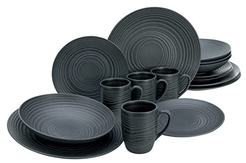 CreaTable, Lava Stone Black, Kombiservice 16 teilig aus Steinzeug | Geschirrset, 20538