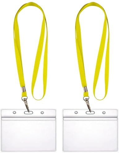 WEBBOMB 2x Ausweishüllen ZIP Kartenhalter flexibel horizontal wasserdicht für 1-2 Ausweise und Karten ID-Card Schutzhülle 0,80mm transparent + 2x Umhängeband Lanyard (Gelb)