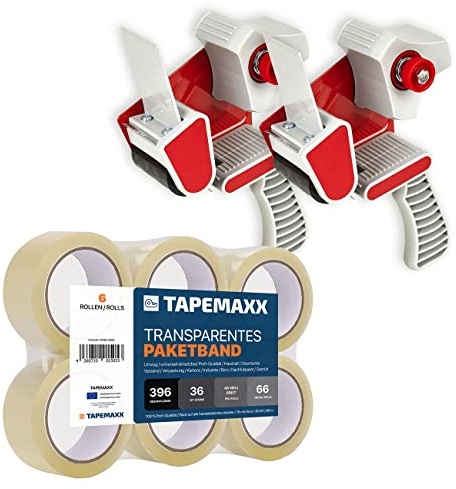 TAPEMAXX ROLLER 2 Abroller Set mit 6 Rollen Paketklebeband Transparent 47mm x66m Paketbandabroller Handroller Paketklebeband Paketroller Packbandabroller Abrollgerät Profi Paketbänder Packetkleberolle