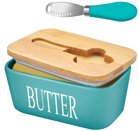 Lovelyduo Ceramic Butter Dish with Bamboo Lid Large Butter Keeper Container with Curler Knife and Double Silicone Sealing Butter Holder Rectangle Blue