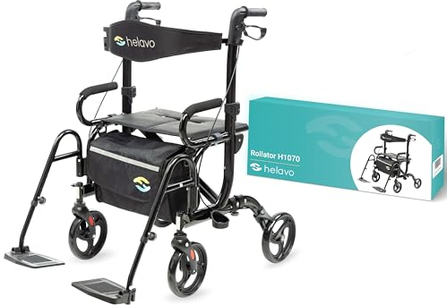Helavo 2 in 1 Rollator & Rollstuhl in Einem - Faltbarer Rollator mit Fußstützen - Umbaubar zum Transport-Stuhl