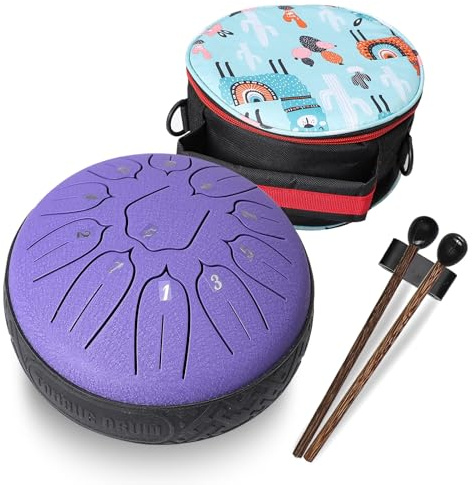 Steel Tongue Drum 11 Notes 6 Inch Meditation Drums - D Major Metal Handpan Drums Hand Percussion Musical Instrument with Bag Drum Mallets Music Book for Adults Kids Beginner-Purple