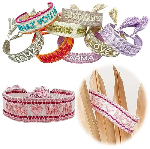 LS-LebenStil Exklusives Statement Armband - das Original - Dog Mom Pink Rosa 16-20cm Quasten besticktes Boho Canvas Webarmband Damen Freundschaftsarmband Geschenk gewebt textil Stoffarmband