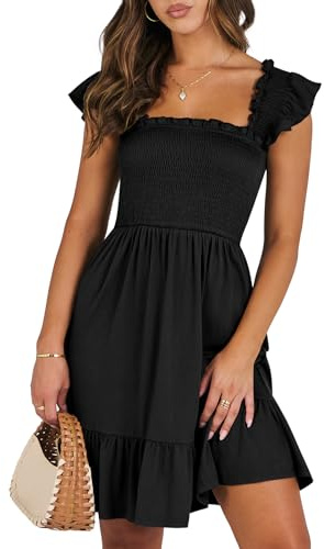 ANRABESS Women's Summer Casual Sleeveless Square Neck Dress 2025 Smocked Ruffle Backless Boho Beach Cute Teen Short Sundress Black Large