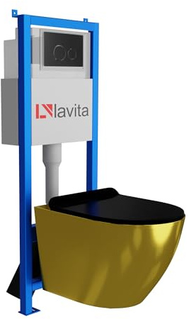 Lavita LAV 101 Vorwandelement für WC 40cm + Wand Hänge Tiefspül WC SOFI SLIM GOLD/BLACK Spülrandlos + Bedienplatte LAV 200.4.4 Schwarz + WC Sitz mit Absenkautomatik Komplettset Unterputz Spülkasten WC