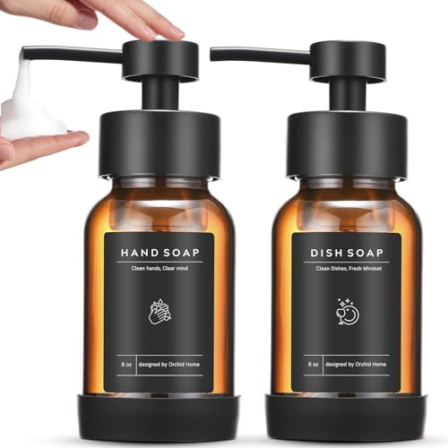 Set dispenser di sapone in schiuma, dispenser di sapone in schiuma di vetro con pompa in plastica, bottiglia vuota in vetro ricaricabile da 226,8 g per sapone liquido, cucina, bagno, commerciale