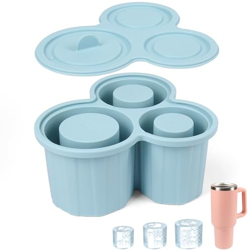 YQL Silicone Ice Cube Tray for Stanley Cup with Straw and Handle, 3 Grids Ice Cube Moulds with Lid Easy Release, Flexible Ice Trays for Freezer, Large Ice Cube Moulds, Dishwasher Safe (Color : Blue)