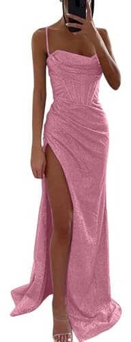 Damen Off Shoulder Pailletten Brautjungfernkleid Lang Split Elegant Formal Abendkleid A Linie Hochzeit Party Kleid Abschlusskleid Cocktailkleid Sexy (Pink-a, L)