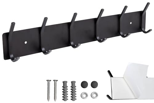 Qiannhee Hakenleiste Garderobe ohne Bohren Wandgarderobe 43cm Edelstahl 6 Haken Schwarz Garderobenleiste ohne Bohren Garderobenhaken Leiste für Badezimmer Küche Bettzimmer Jacken Mäntel Handtaschen