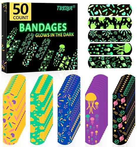 50 Count Kids Bandaids, Glow in The Dark & Waterproof Bandages, One Size Cute Bandaids for Kids and Adults, 5 Styles Adhesive Bandages for Minor Cuts, Scrapes, Wounds and First Aid