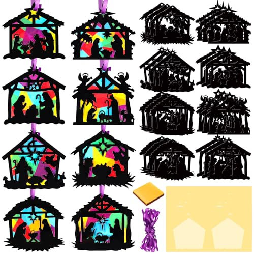Containlol Weihnachtskrippen-Bastelset, Weihnachtskrippe, Sonnenfänger-Set, DIY, Krippe, religiöses Handwerk, Weihnachtsbastelset für Heilige Nacht, christliches, religiöses Partyzubehör, 24 Stück