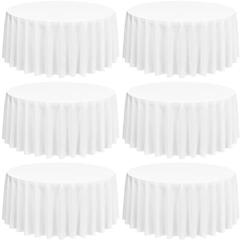 6 Packung weiße runde Tischdecken, 305 cm, runde Tischdecke, waschbar und wiederverwendbar, Flecken und knitterfrei, Polyesterstoff für Hochzeit, Party, Bankett, Camping, Restaurant Dekoration