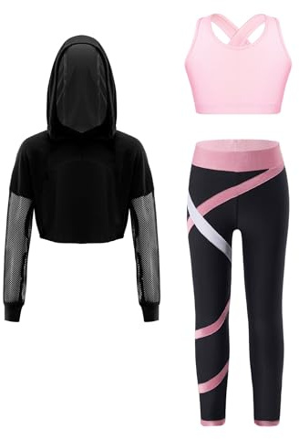 ranrann Barn flicka sport set fitness yoga gym linne leggings huvtröja sportkläder 5–16 år, rosa, 9-10 �r