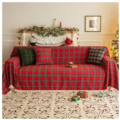 HonunGron Jeté de Canapé Jeté de Lit Noël, Couverture de Jet en Chenille Glands Plaid Couverture de Canapé, Housse de Canapé Noël Jeté de Canapé Protector Décorations de Noël (Rouge,180x230cm)