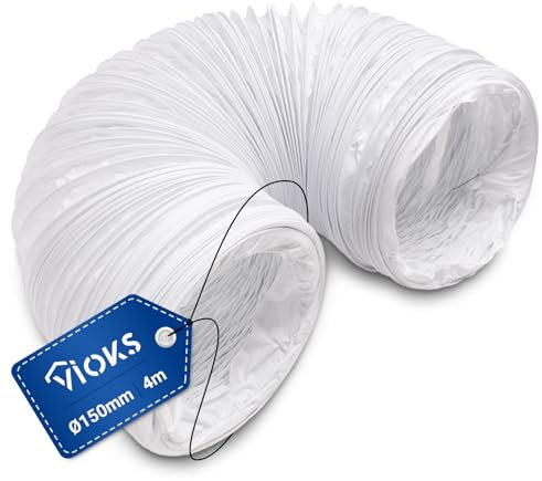 VIOKS Tuyau d'évacuation d'air pour hotte aspirante 4 m Tuyau de ventilation 150 mm Blanc PVC - Tuyau d'extension pour sèche-linge - Tuyau de climatisation - Tuyau flexible pour systèmes de