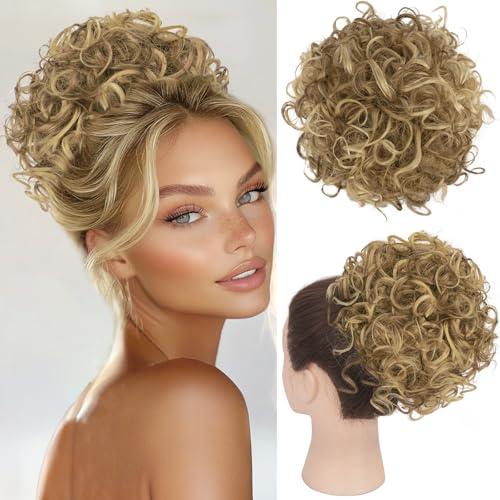 RUWISS Messy Bun Kurze Lockige Pferdeschwanzverlängerung Elastischer Kordelzug Lose Haare Bun Haarteile für Frauen Updo Haarverlängerung (80g Helles Aschblond Mix Bleichblond)