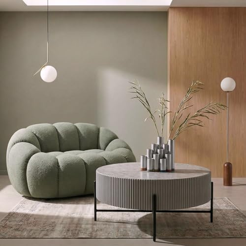 Furnhouse Milo Couchtisch Rund | Marmor-Optik & Lamellenoptik | Ø80x40 cm Grau | FSC®-Zertifiziert Wohnzimmertisch Metallgestell