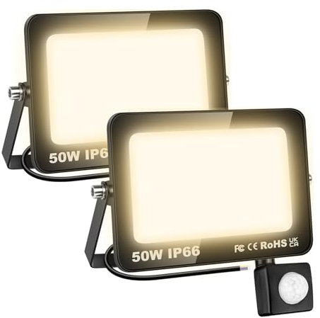 SKYWORLD 2 pièces Projecteur LED Exterieur Detecteur de Mouvement,50W Blanc Chaud Spot LED Extérieur,IP66 Projecteur Exterieur Detecteur de Mouvement pour Patio Garage Jardin Terrasse Usine