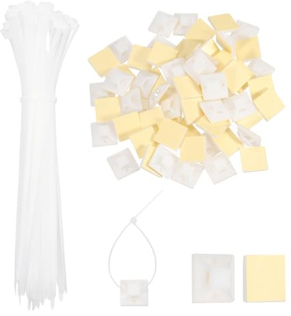 sourcing map 100Set Cable Tie Zip Self Adhesive Mounts Set 6 Inch Nylon Cable Tie Mount Base Holder with Sticky Pads for Home, Office, Garden, Workshop, White