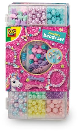 SES Creative – Unicorn – Schmuckset – Basteln für Mädchen – Schmuck basteln – Inkl. Aufbewahrungsbox – Ab 3 Jahren, Pastellfarben