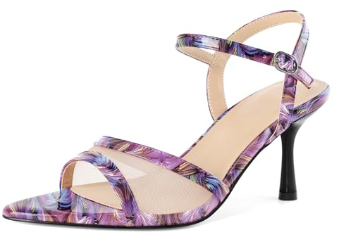 EDEFS Sandalias elegantes con tiras de tul para mujer, punta abierta, tacones de aguja de 3 pulgadas, correa de tobillo ajustable, adecuada para bodas y fiestas, Floral Lila, 37 EU