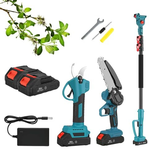 APMOE Tijeras de Podar Electricas y Mini Motosierra Bateria con 2 Baterías y Pertiga Telescópica de 2m, Sierra de Pértiga Inalámbrica Sierra de Rama Alta para Poda de Árboles de Jardín