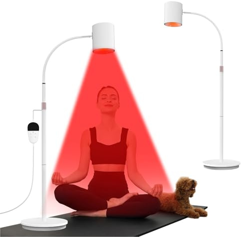 Rotlichtlampe Stehlampe, 660/850/940nm Infrarotlampe mit Ständer, 20W Rotlicht Bodenstrahler, 5 Helligkeitsstufen, Timer 10/20/30 Min, Höhenverstellbar, Schutzbrille