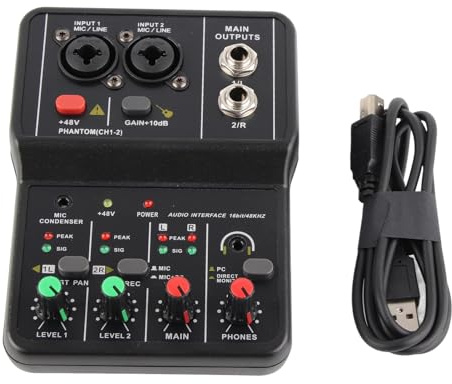 Audio Mixer, 2 Channels Sound Board USB Sound Mixer Board 48v Power Mixing Console Power Stereo Studio for Home Karaoke