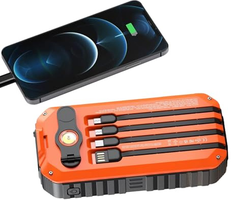 Power Bank con pannello solare, power bank esterno, 20000 mAh, manovella, con cavi integrati, luce flash SOS per escursioni, viaggi, attività all'aperto