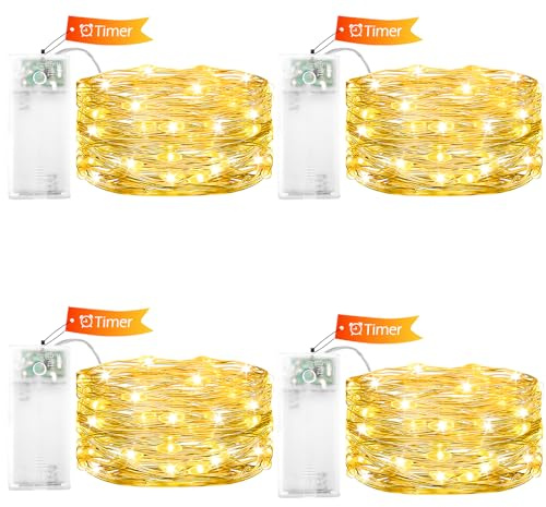 ENLACE 4 Stück LED Lichterkette Batterie mit Timer, 2M 20 LED Warmweiß | Micro Kupferdraht Lichterkette Batteriebetrieben, für Party, Hochzeit, Kinderzimmer, Weihnachten, Innen Außen Dekoration