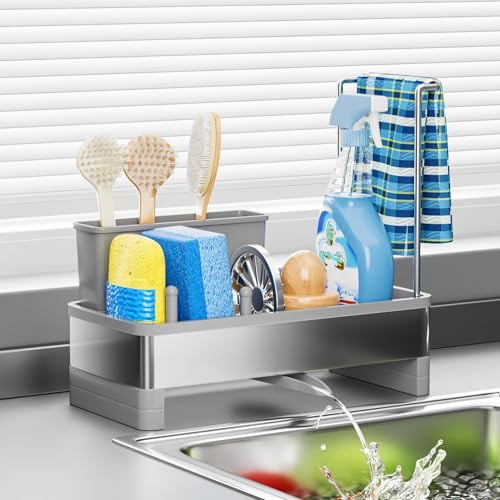 HOWDIA Stainless Steel Sink Caddy, Sponge Holder for Kitchen Sink with Brush Holder & Dishcloth Rack, Rustproof Sinks Organizer Countertop, Soap Dispenser Kitchen Organizers Storage Essentials, Gray